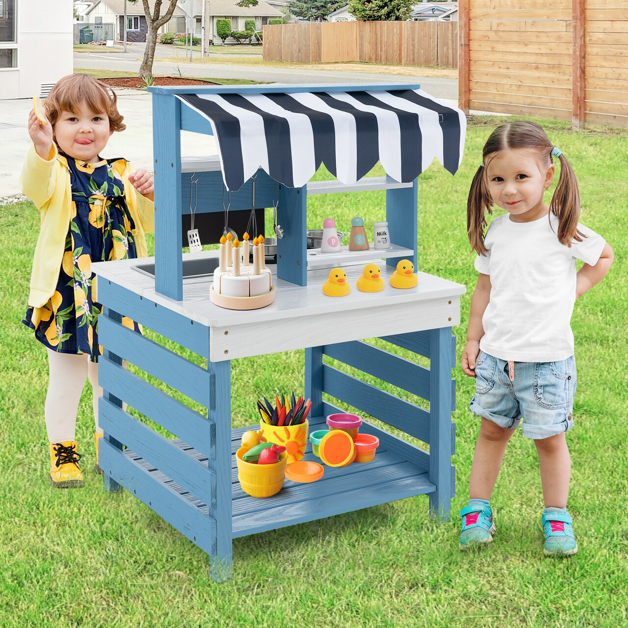 Double-sided Wooden Play Kitchen and Grocery Stand with Stoves for Kids 3+ Years Old - 23" x 22" x 34" (L x W x H)
